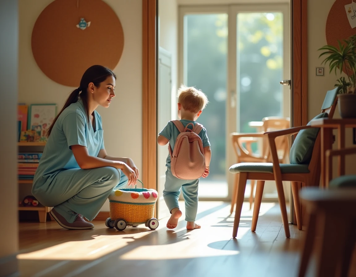Éducatrice accueillant un enfant en bas âge à l'entrée d'une crèche française avec des jouets et dessins au mur
