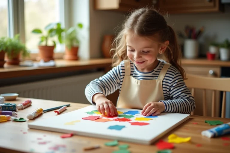 Jeune fille concentrée faisant du collage créatif sur une grande toile dans une cuisine familiale chaleureuse