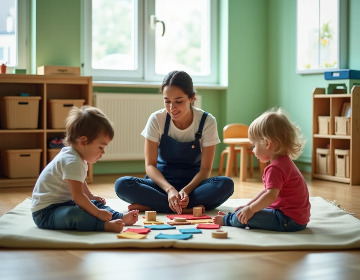 Groupe de jeunes enfants en activité sensorielle avec une auxiliaire de puériculture dans un multi-accueil