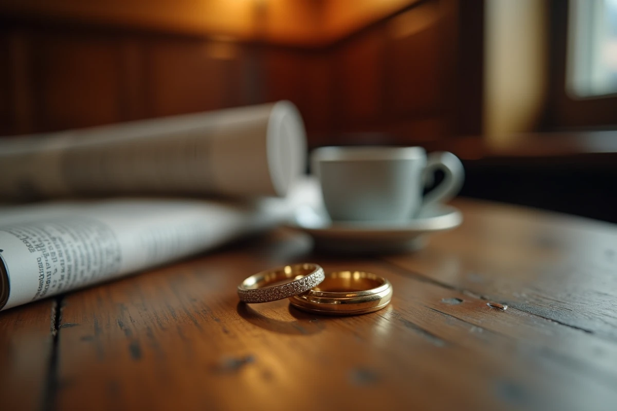Deux alliances en or posées sur une table en bois, symbolisant un mariage imminent dans un contexte médiatique français