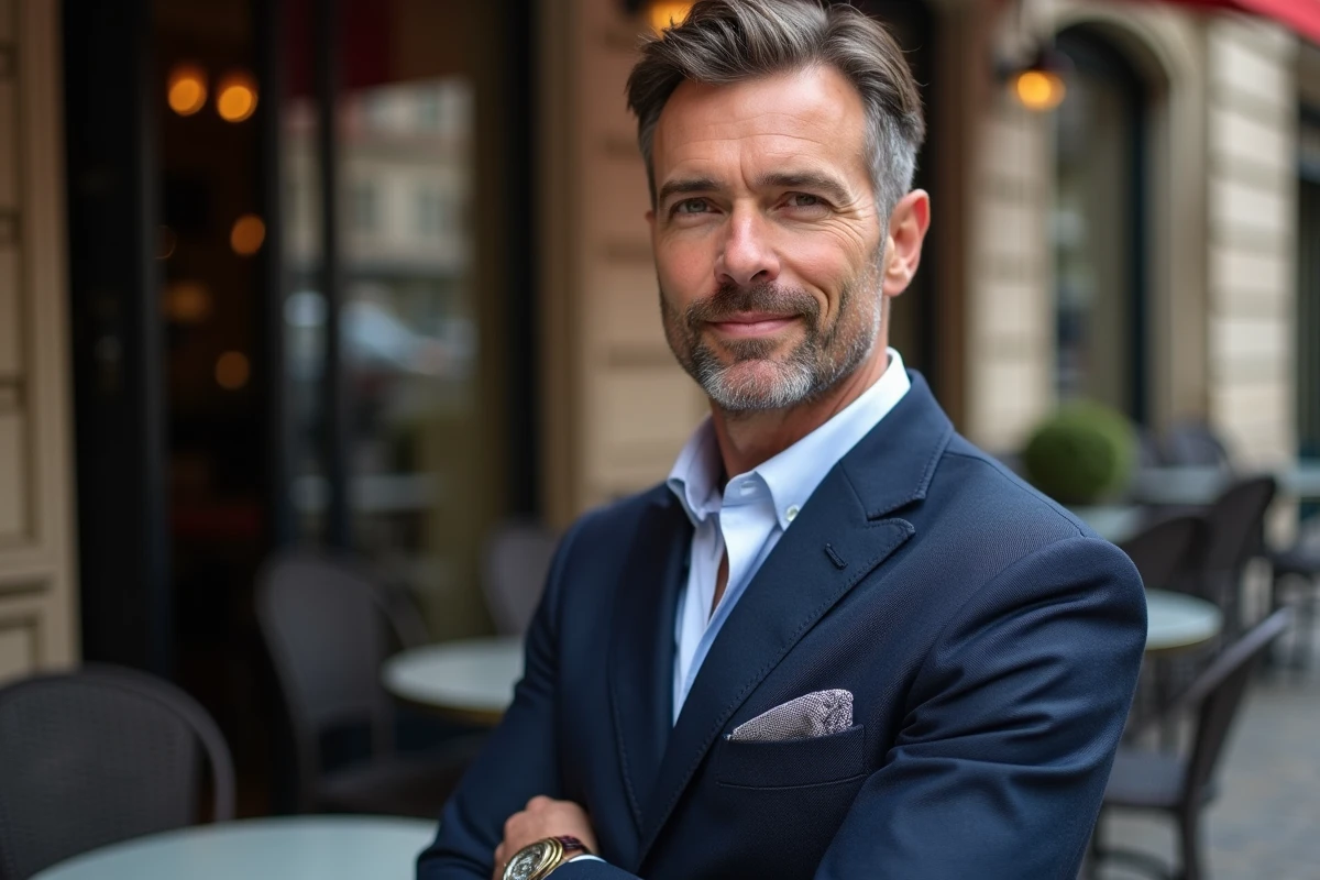 Homme élégant en costume bleu marine devant un café parisien, évoquant l'univers d'un animateur télévision célèbre