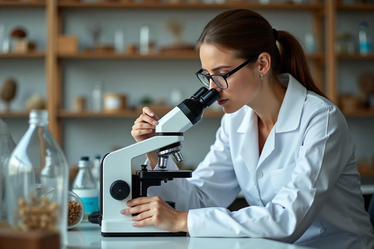 Biologiste étudie une galle de chêne au microscope en laboratoire