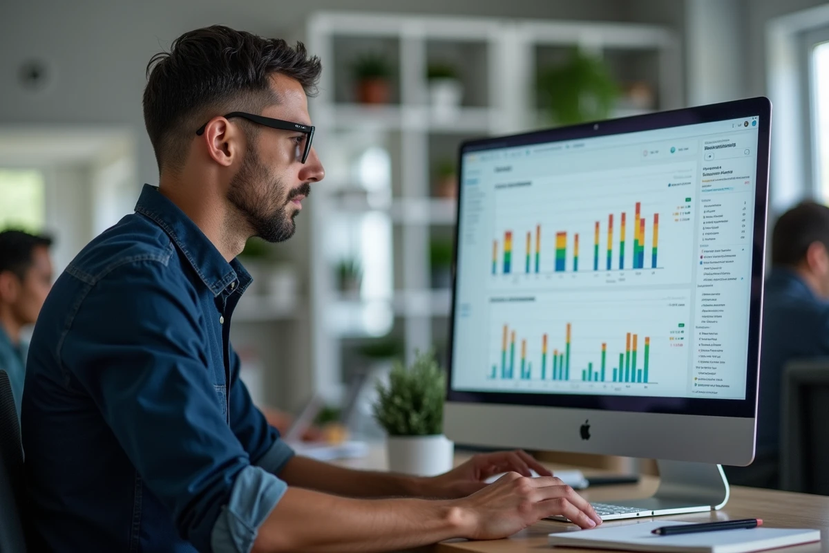 Homme consultant les statistiques de son blog sur un grand écran dans un espace de coworking moderne