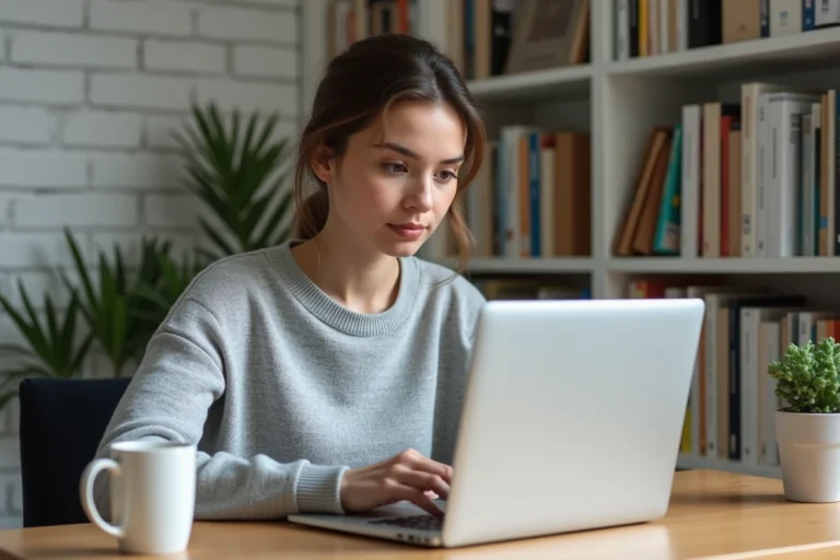 Jeune femme concentrée travaillant sur son blog depuis un bureau en bois minimaliste dans un espace de travail à domicile chaleureux