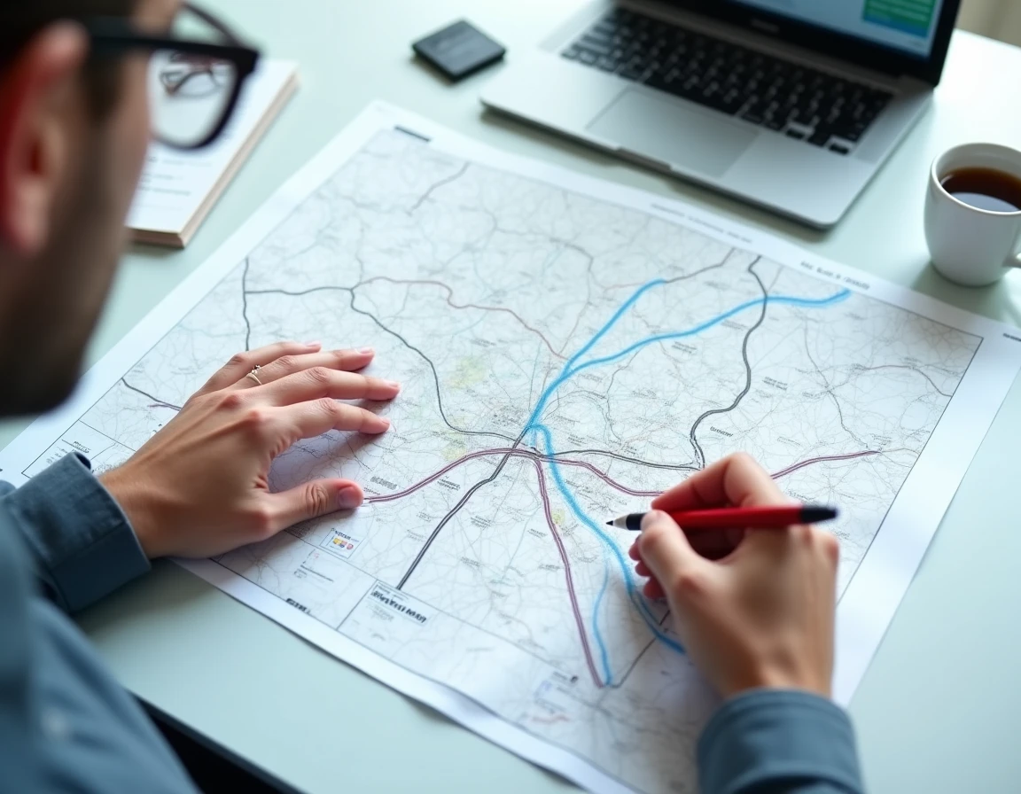 Carte technique du réseau tout à l'égout d'une commune annotée à la main sur un bureau avec ordinateur portable