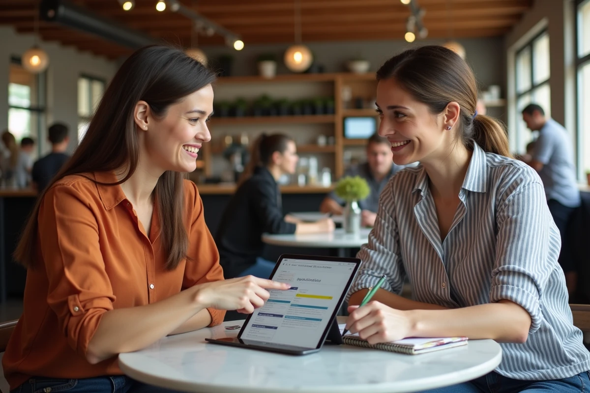 Deux femmes collaborant sur une stratégie de contenu pour un blog autour d'une table de café avec une tablette et un carnet de notes