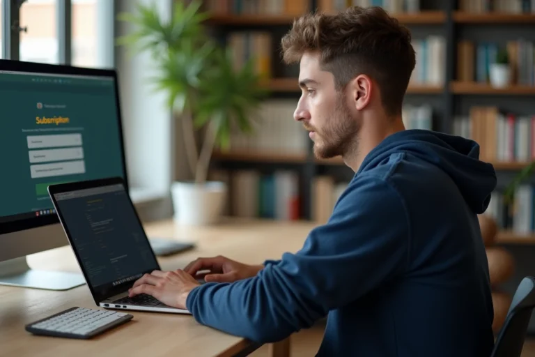 Homme utilisant un compte premium 1fichier sur son ordinateur portable dans un bureau à domicile moderne