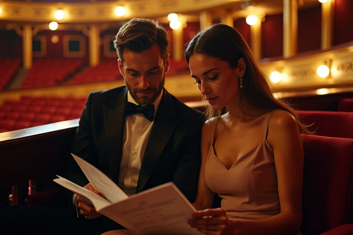 Couple consultant le plan de salle au balcon du Théâtre Mogador pour choisir leurs places lors du spectacle Le Roi Lion