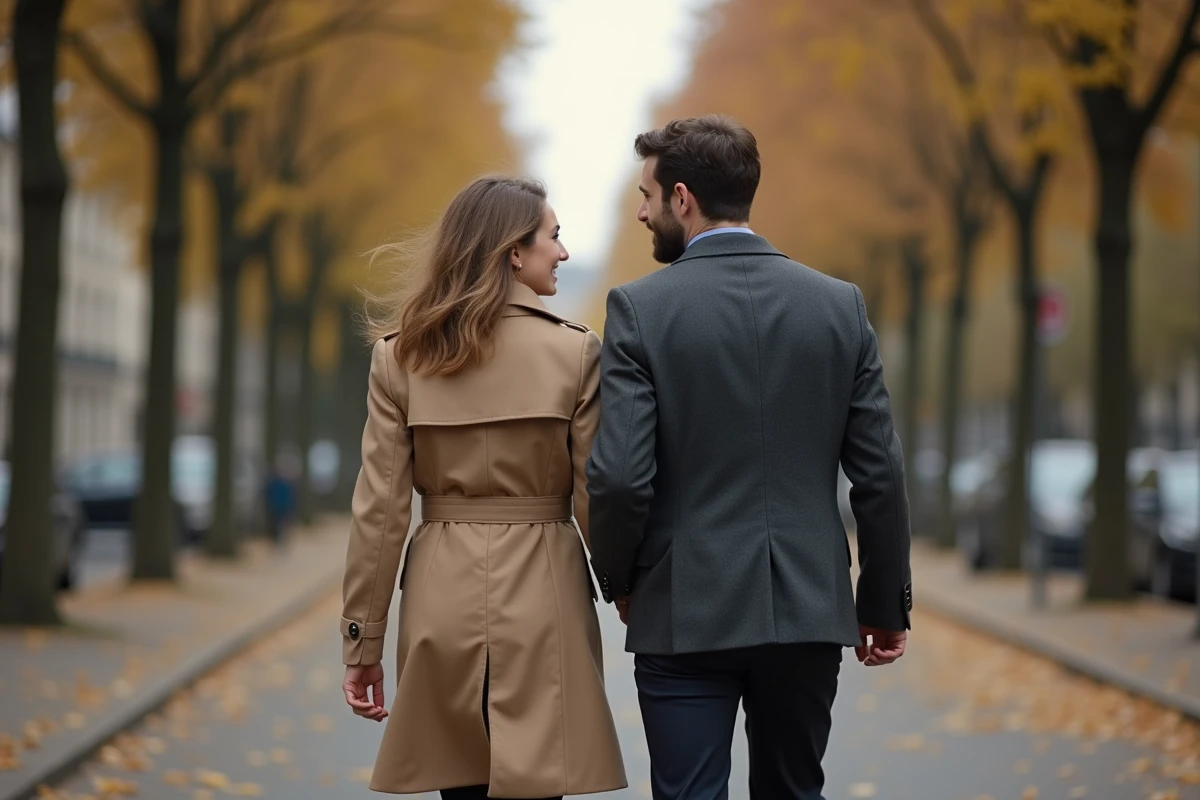 Couple élégant se promenant sur un boulevard parisien en automne, évoquant les rumeurs de mariage d'une personnalité télévisuelle