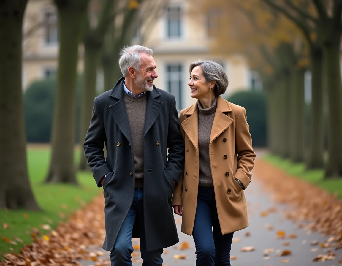 Couple se promenant dans un jardin parisien en automne, vie privée et élégance naturelle