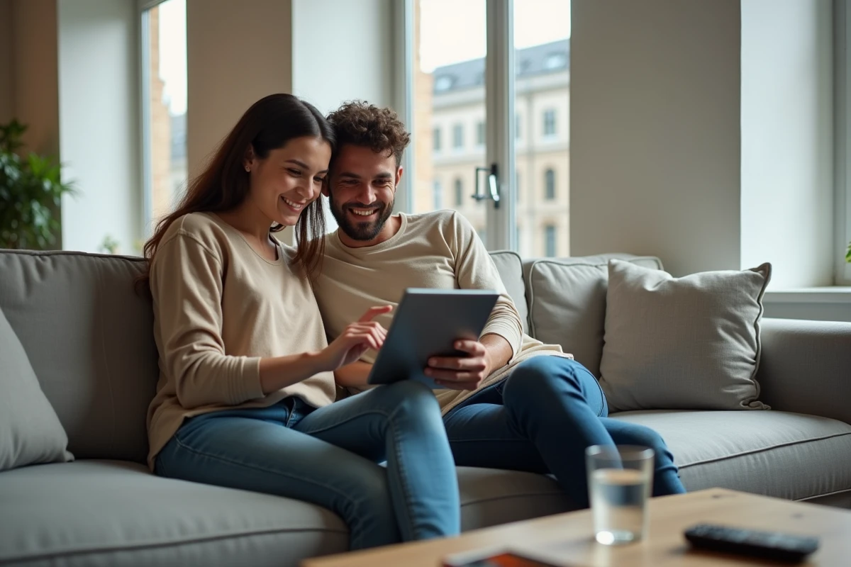 Couple consultant une tablette numérique pour utiliser des services en ligne innovants depuis leur salon