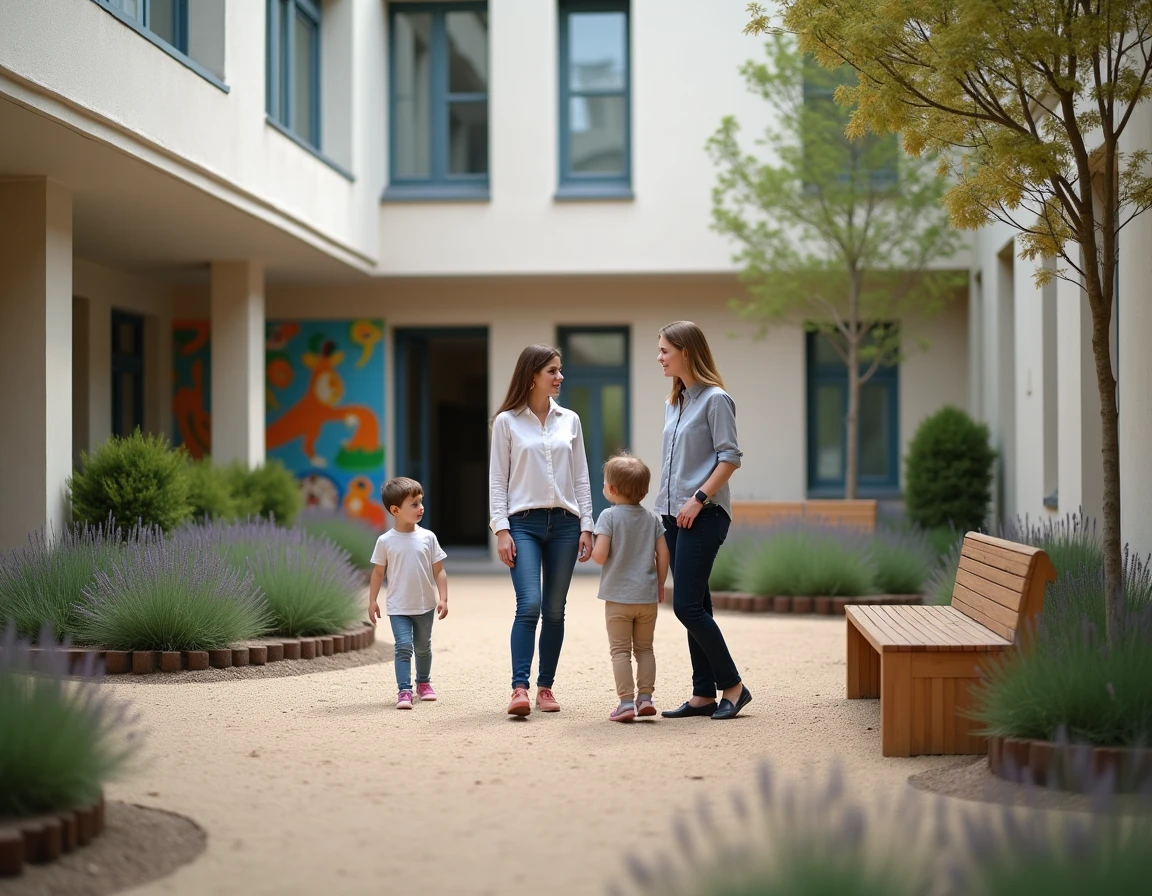 Assistantes maternelles et enfants dans la cour extérieure d'une halte-garderie en France