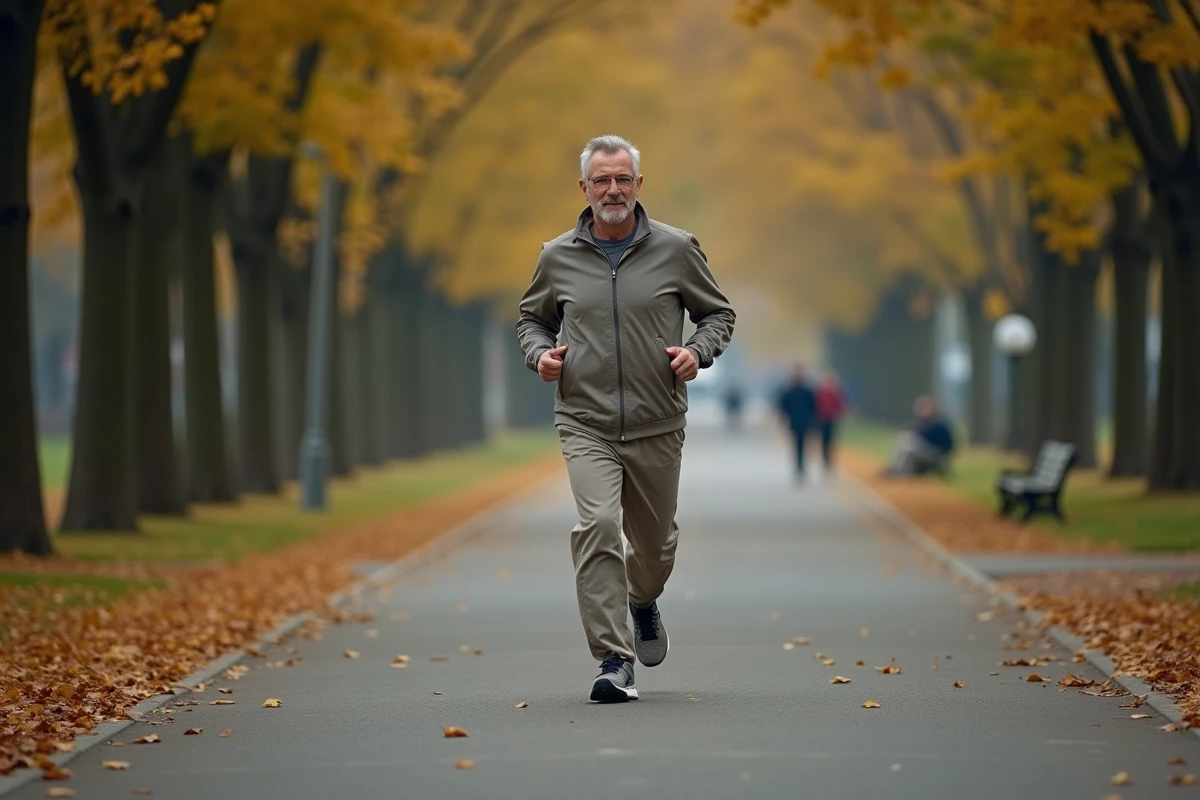 Homme courant dans un parc urbain avec des feuilles mortes