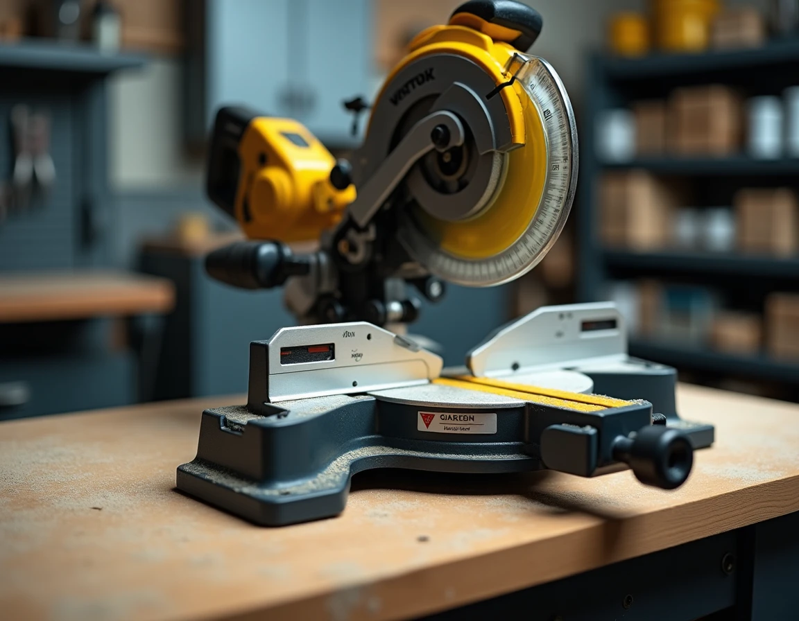 Détail du mécanisme de la scie radiale Makita LS1018L montrant le guide laser et l'échelle de biseau