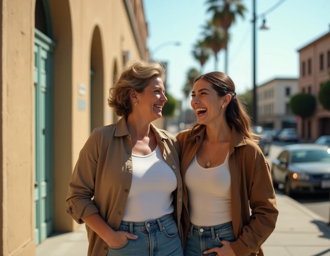 Deux femmes complices riant ensemble sur un trottoir de Los Angeles, illustrant un lien mère-fille discret et authentique