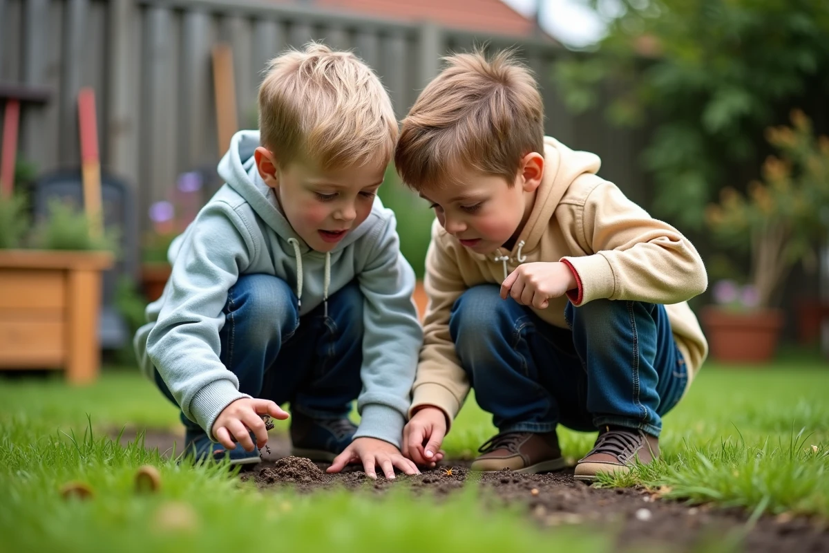 Deux garçons explorant la nature dans un jardin avec une loupe, découvrant insectes et pierres avec curiosité