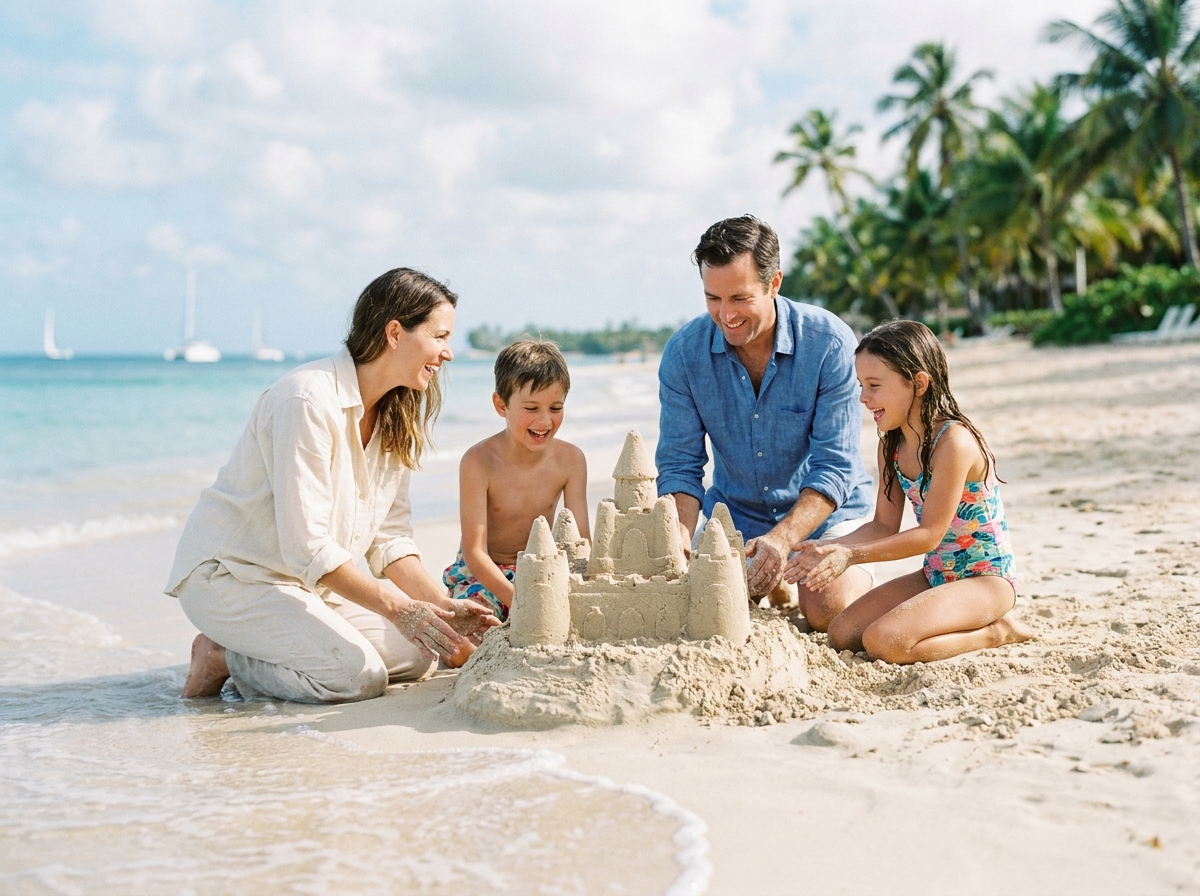 Famille construisant un chateau de sable sur la plage