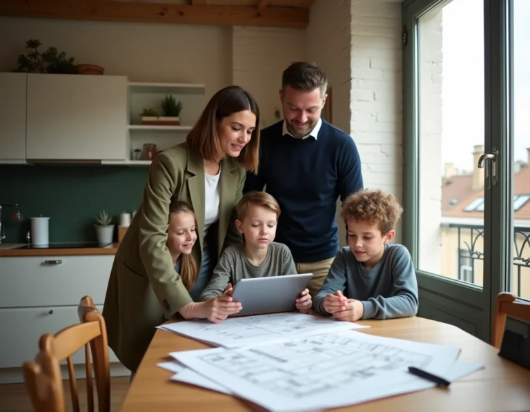 Famille lyonnaise consultant des plans d'appartement sur tablette autour d'une table de cuisine moderne