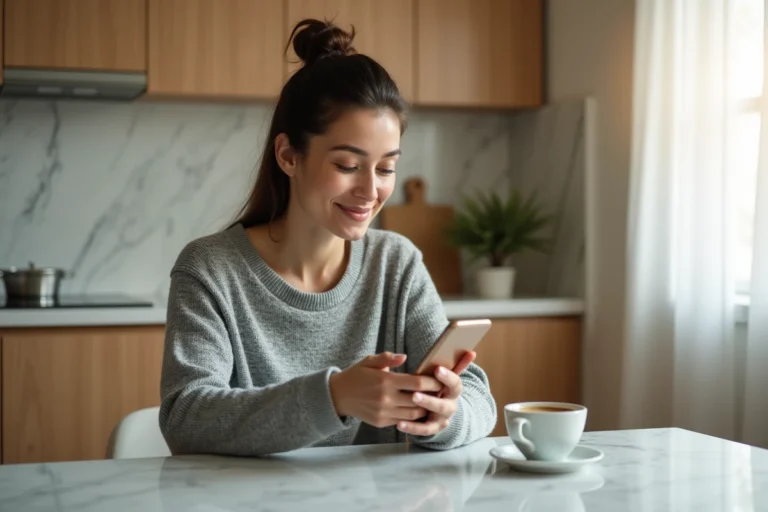 Femme utilisant une application mobile pour gérer ses services en ligne du quotidien depuis sa cuisine