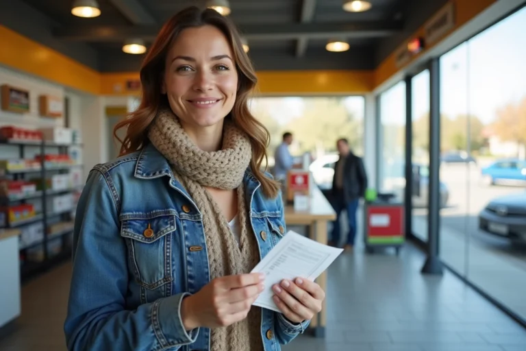 Femme souriante avec chéquier dans station-service moderne