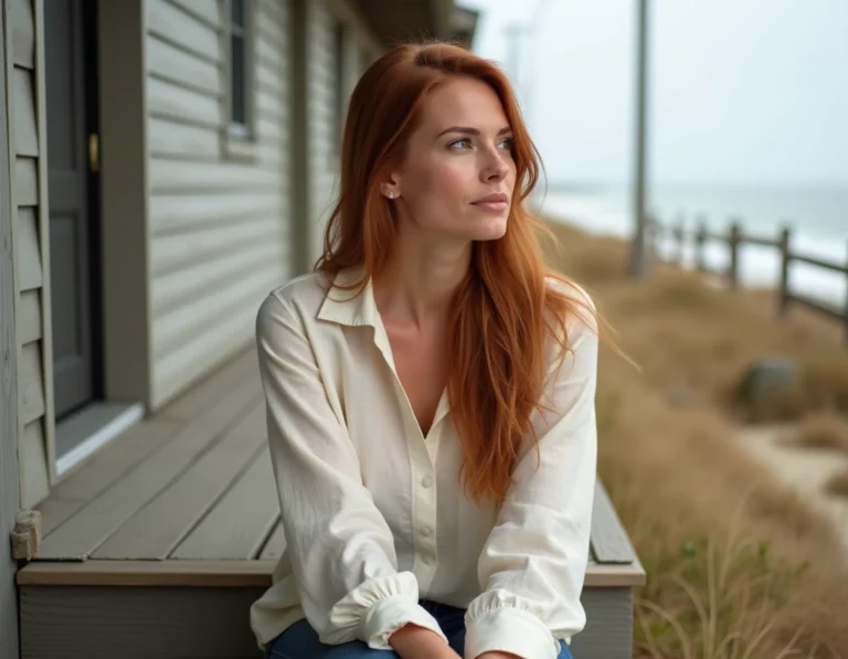 Femme discrète assise sur un porche côtier en Californie, regard pensif évoquant la vie privée et la résilience familiale
