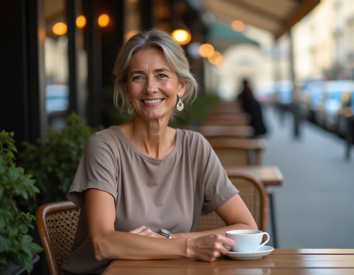 Femme élégante à une terrasse de café parisien, portrait discret et naturel