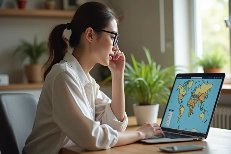 Jeune femme examine une carte du site web sur son ordinateur