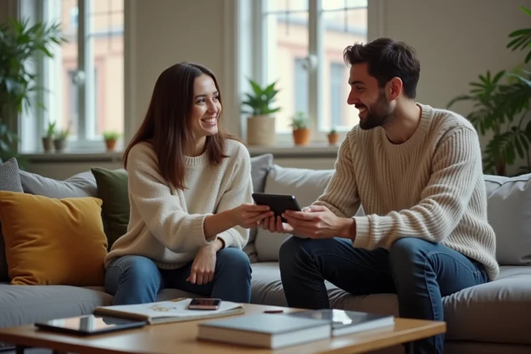 Femme souriante échangeant un gadget avec un homme dans un salon chaleureux