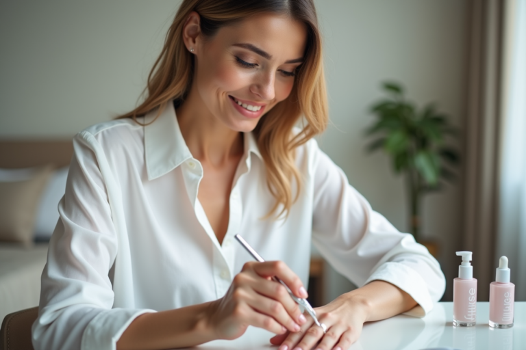 Femme élégante appliquant un gel à ses ongles dans sa chambre