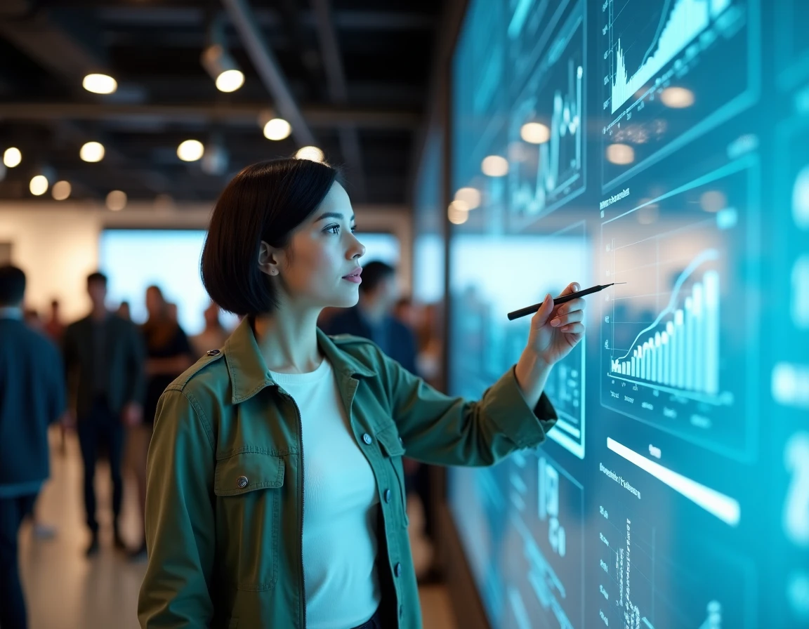 Femme présentant un mur interactif avec tableaux de bord technologiques dans un showroom high-tech
