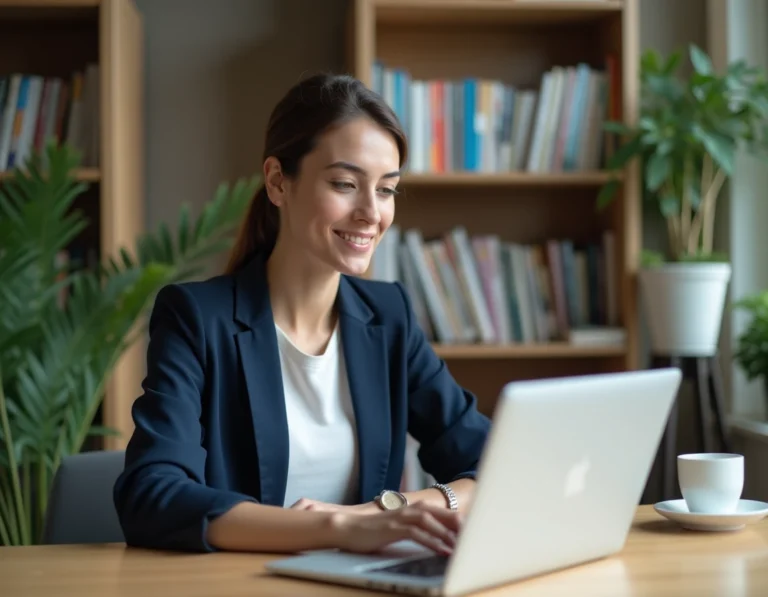 Femme consultant les rubriques d'un site web d'actualité sur un ordinateur portable dans un bureau moderne