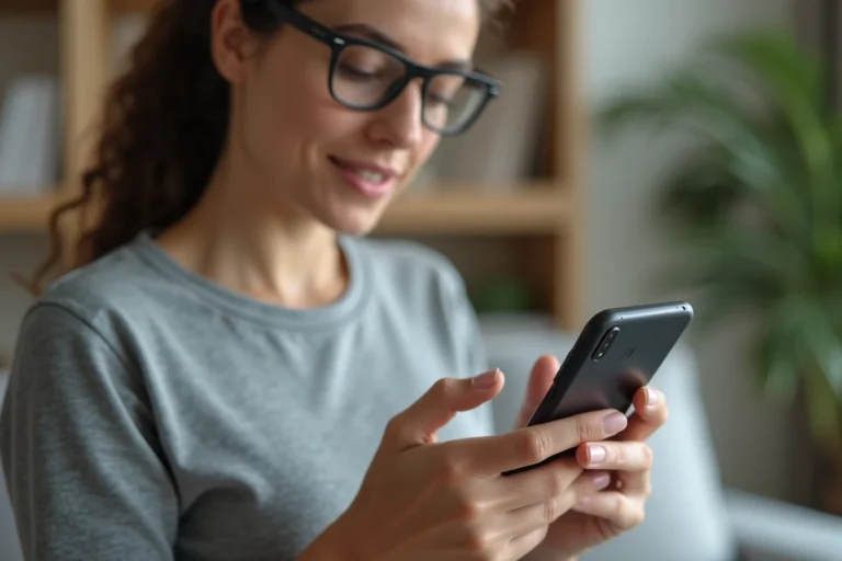 Femme tenant un smartphone Android et regardant le symbole WiFi dans la barre de statut
