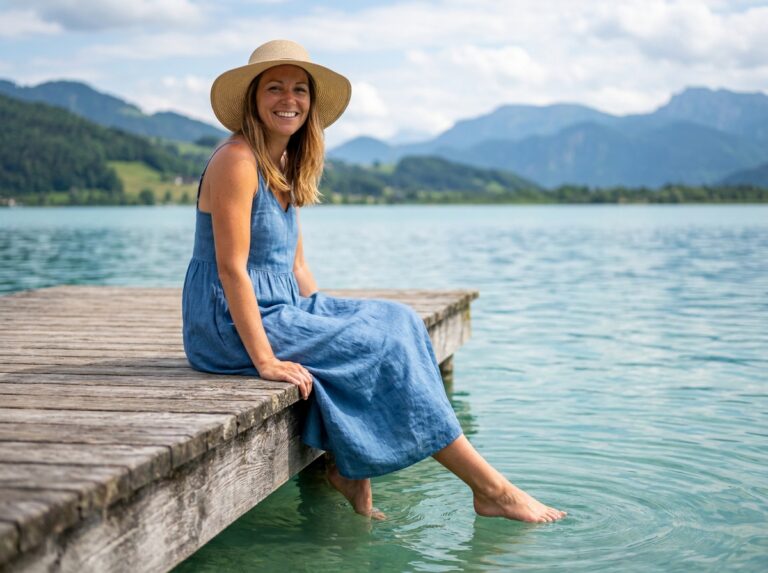 Femme souriante sur un ponton au bord du lac