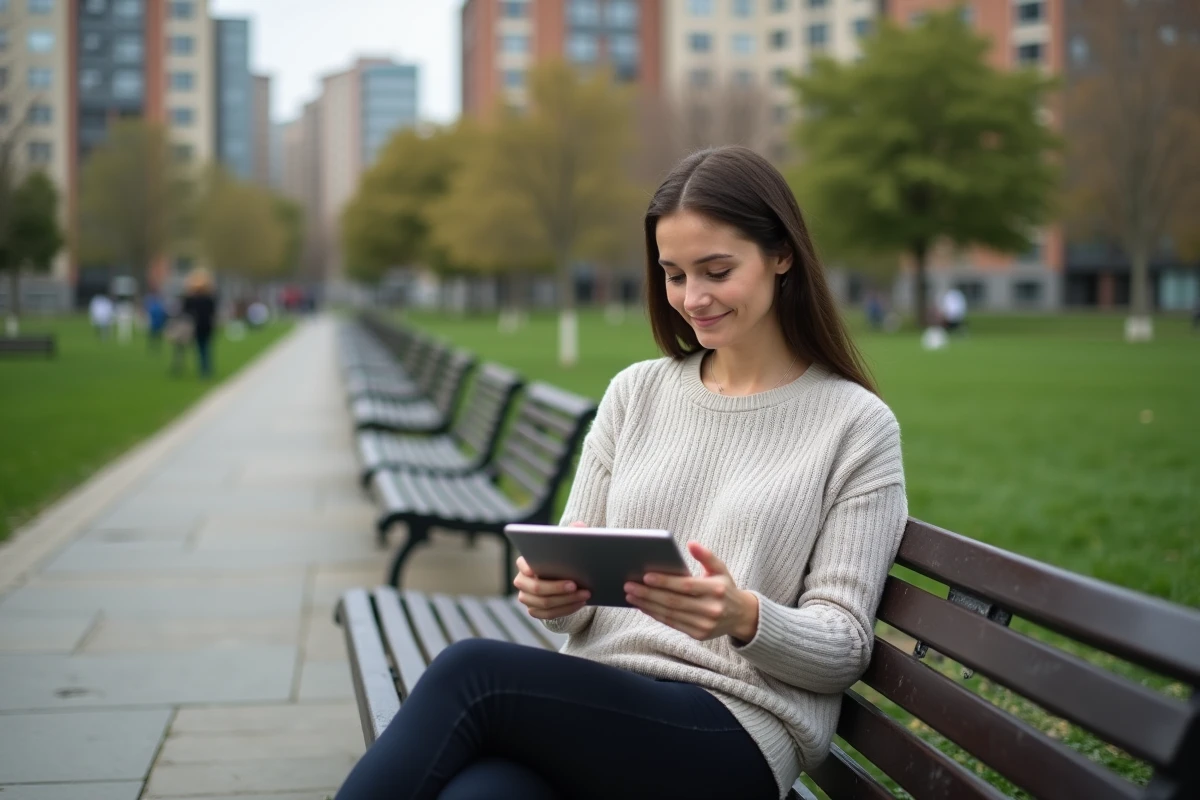 Femme lisant une tablette dans un parc urbain