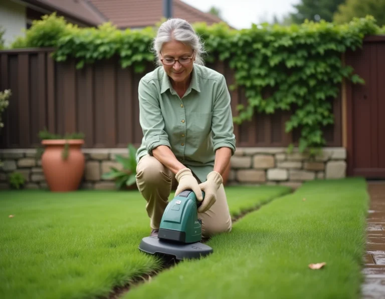 Femme utilisant un taille-bordure sans fil électrique pour délimiter une bordure de pelouse dans un jardin entretenu