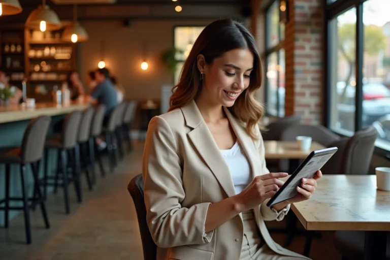 Femme branchée consultant les dernières tendances et actualités sur une tablette numérique dans un café urbain moderne