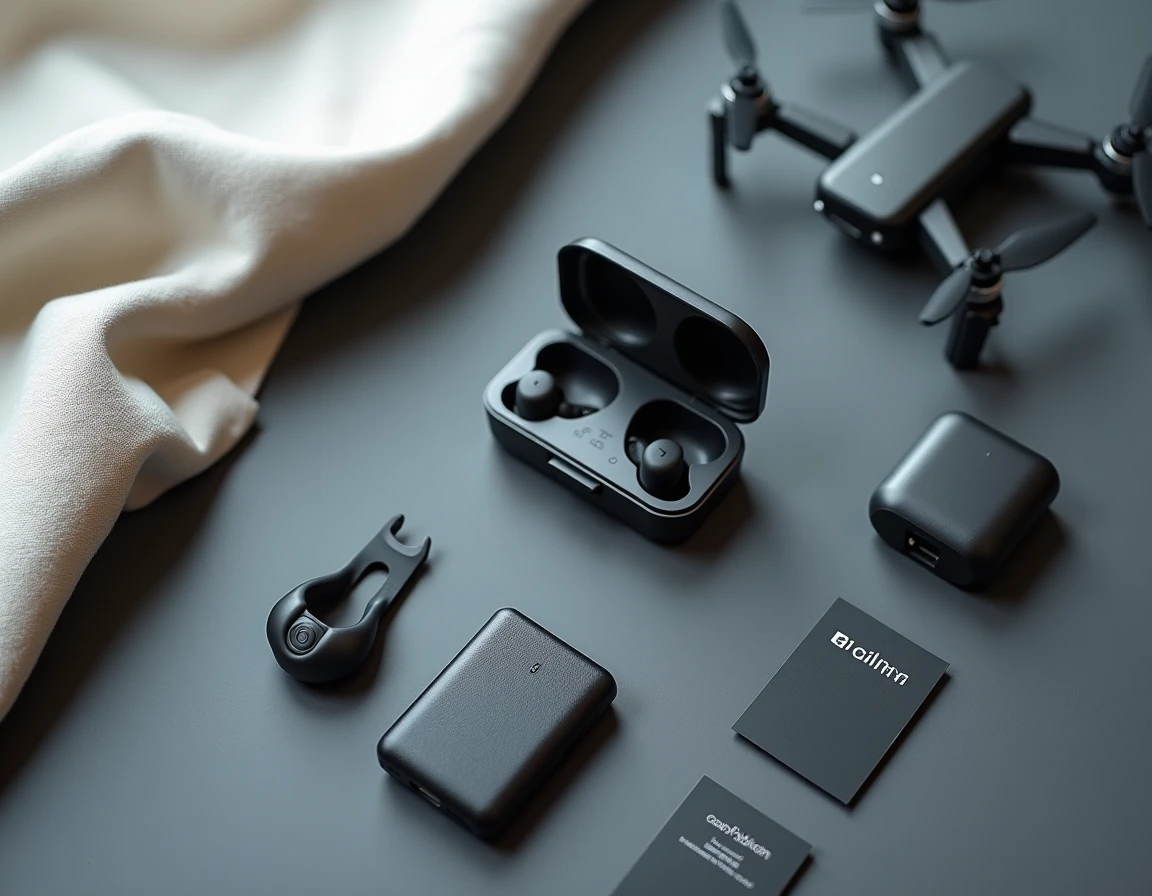 Flat-lay de gadgets high-tech incluant montre connectée, écouteurs sans fil et drone compact