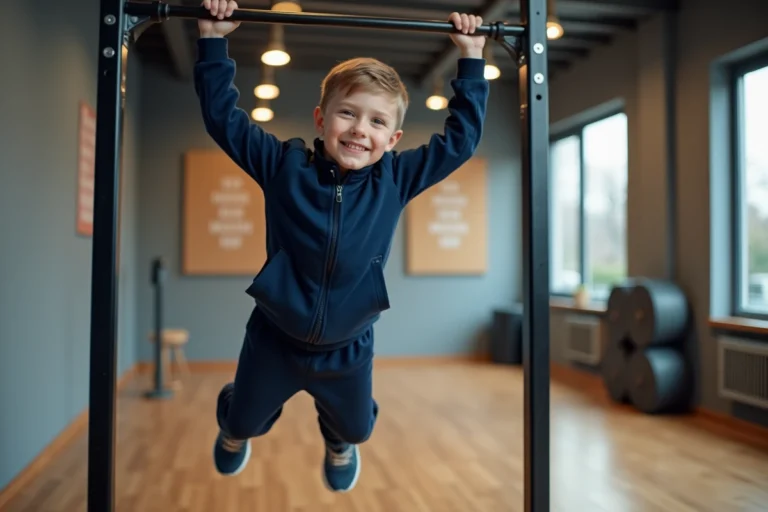 Garçon souriant en salle de sport en train de faire un pull-up