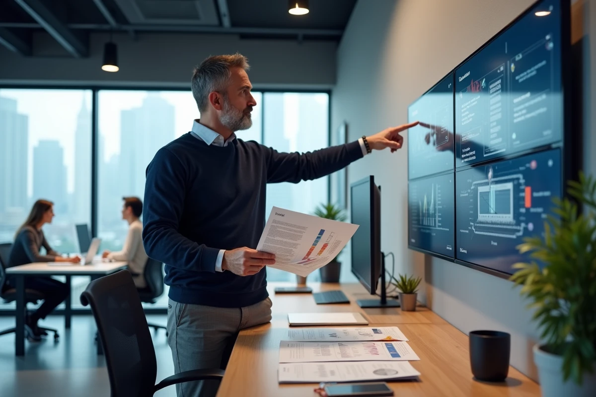 Homme d'affaires analysant les dernières tendances et actualités dans un bureau contemporain avec vue sur la ville