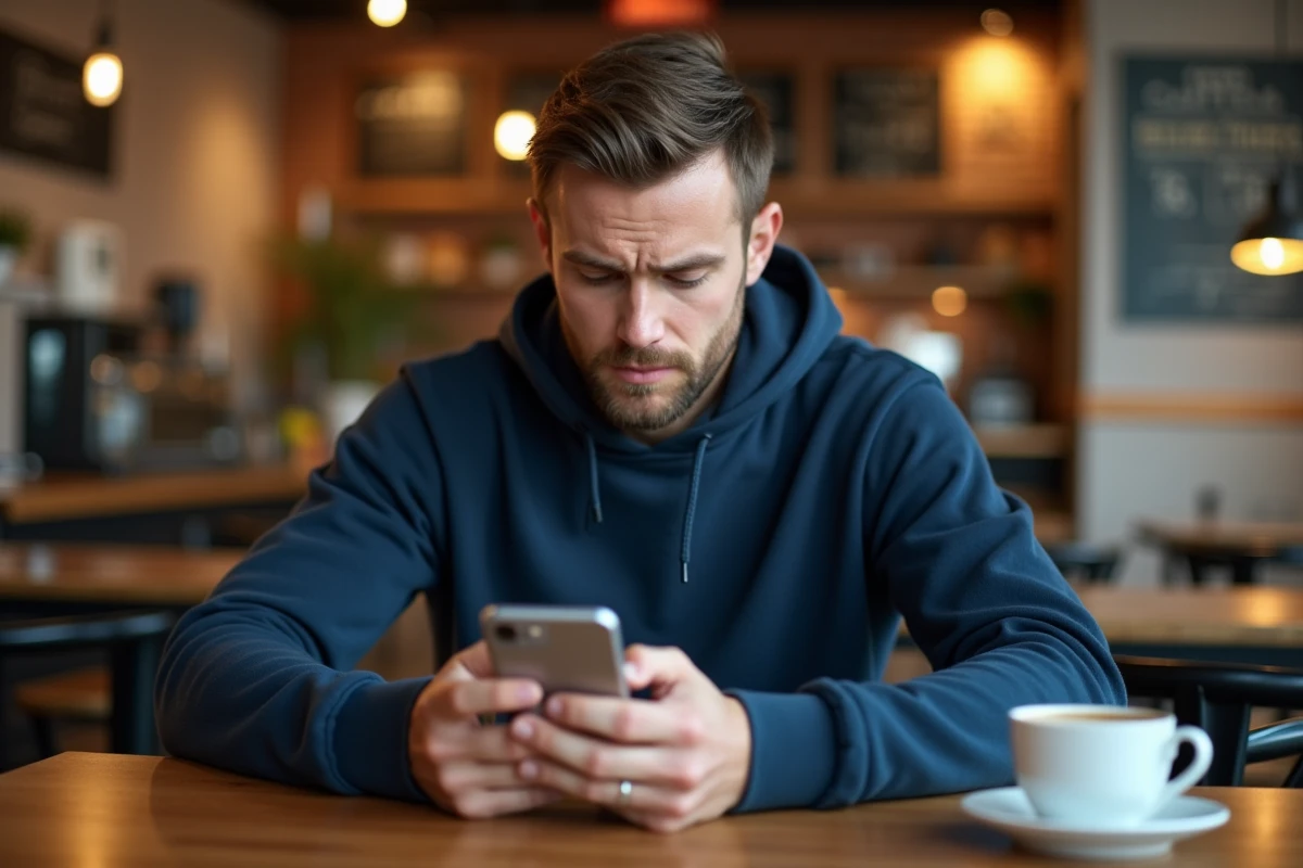 Homme dans un café consultant les paramètres WiFi sur son téléphone Android