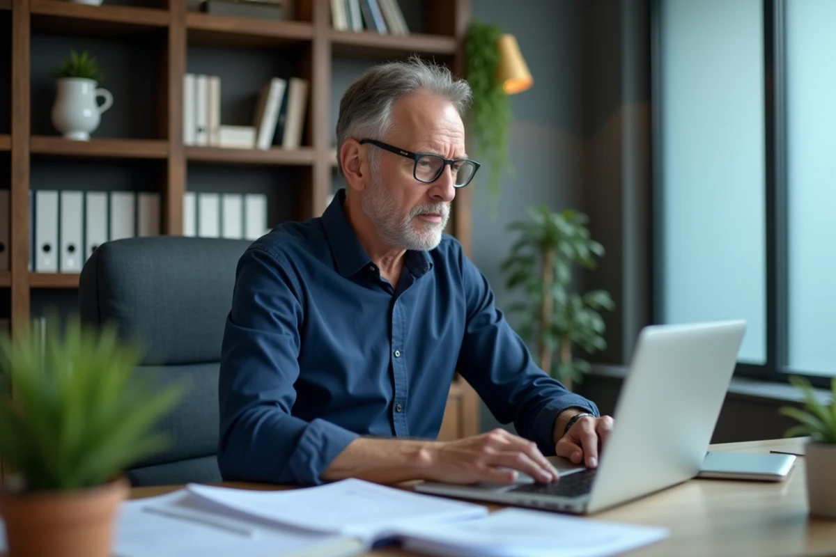 Homme travaillant sur son ordinateur portable pour accéder à des services administratifs en ligne depuis son bureau à domicile