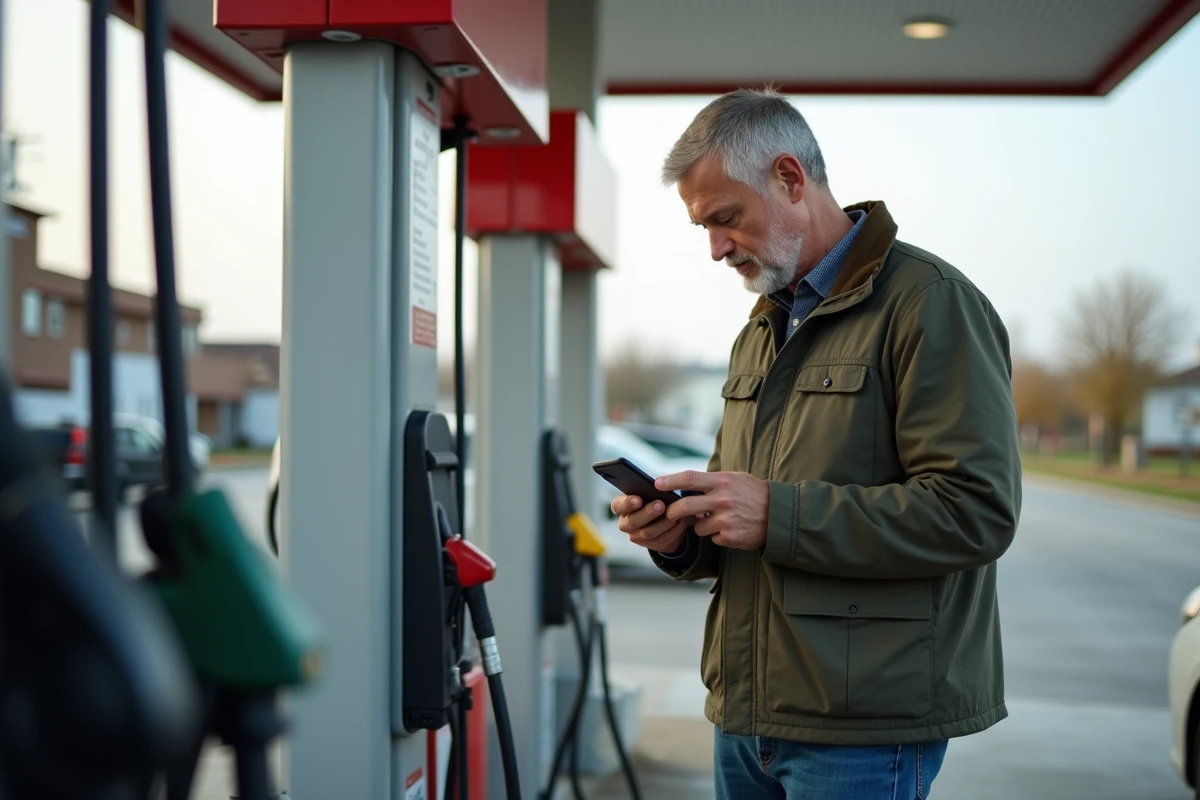 Homme vérifiant son smartphone près de sa voiture à la station