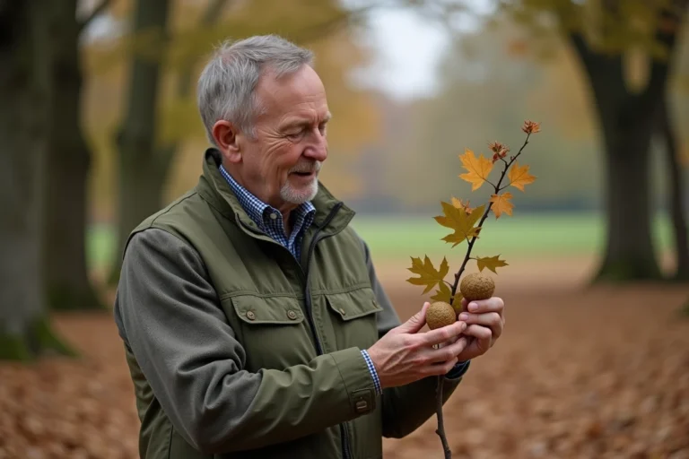 Homme d'âge moyen examine une branche de chêne avec des galles