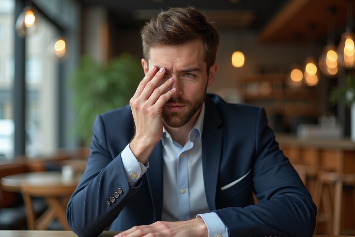 Homme professionnel admirant ses ongles manucurés au café