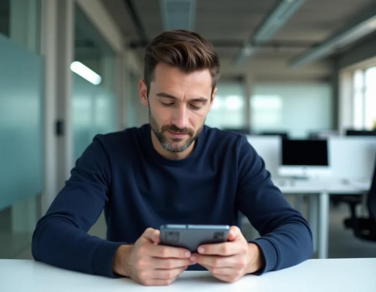 Homme en pull marine examinant un smartphone pliable dans un bureau moderne high-tech