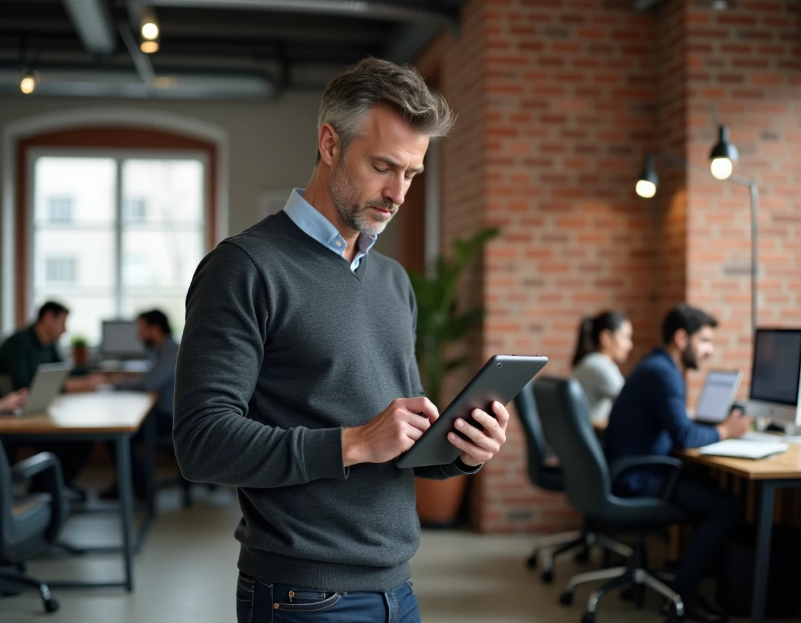 Homme lisant les thématiques d'un magazine en ligne sur une tablette dans un espace de coworking