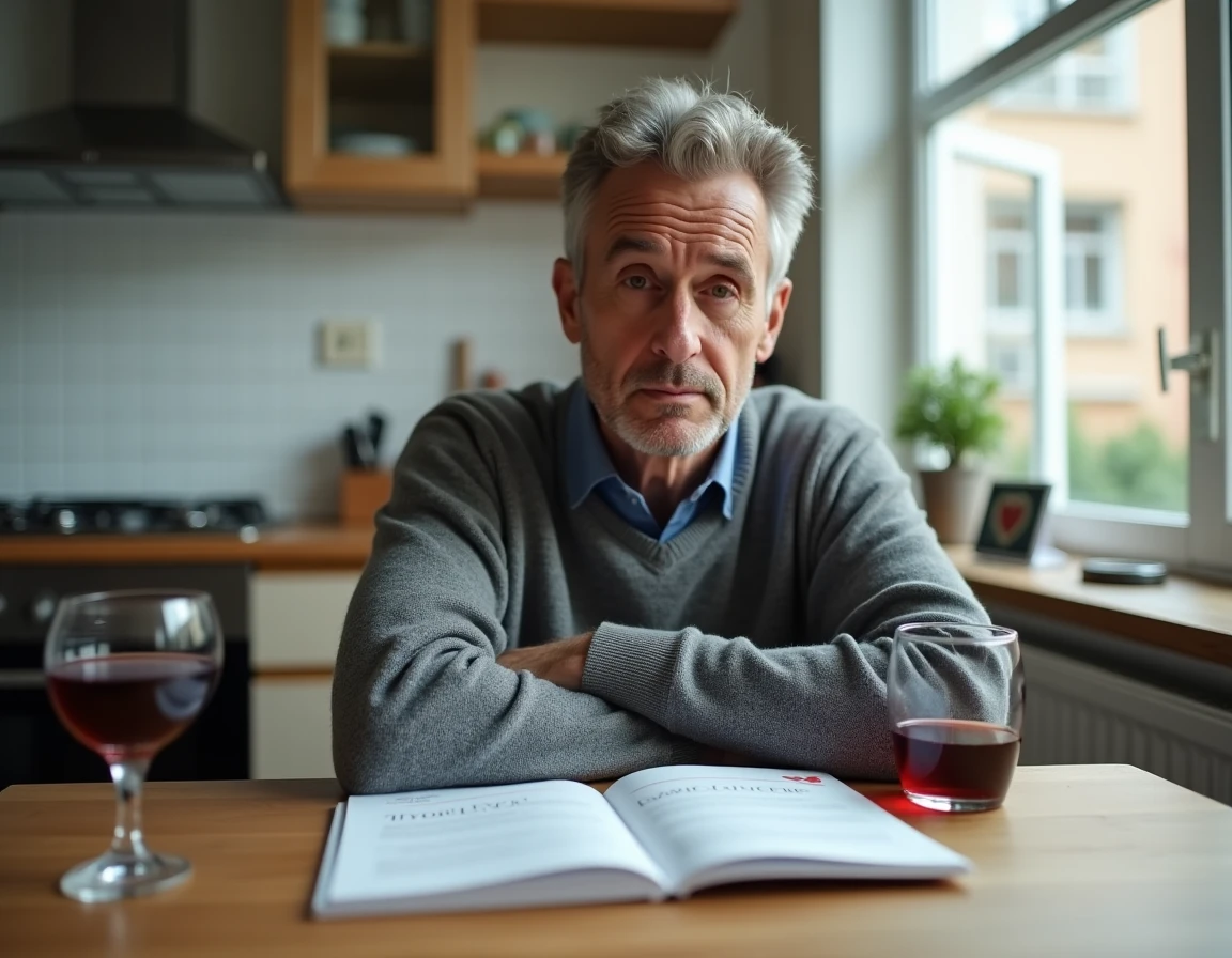 Homme seul en cuisine avec un verre de vin rouge et une brochure médicale sur la santé du foie et le VGM