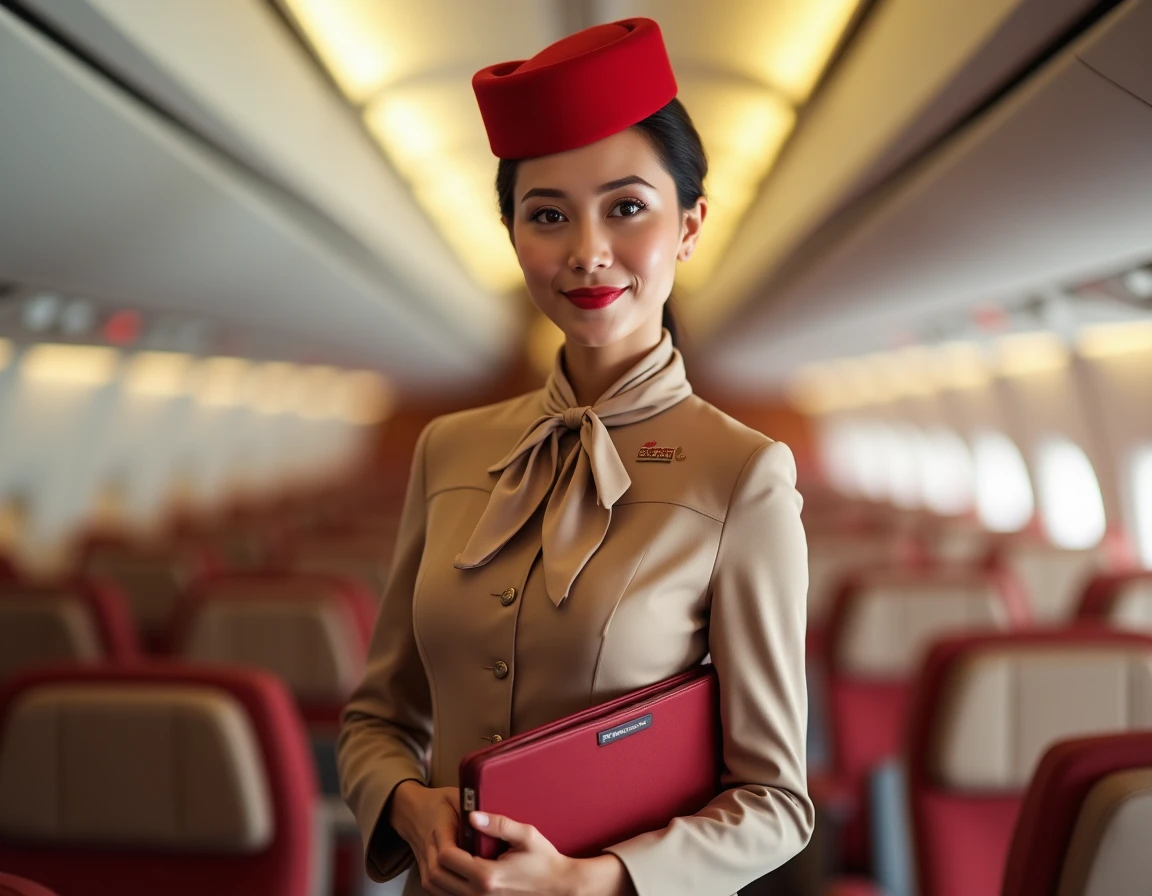 Hôtesse de l'air Emirates en uniforme complet dans la cabine d'un avion long-courrier