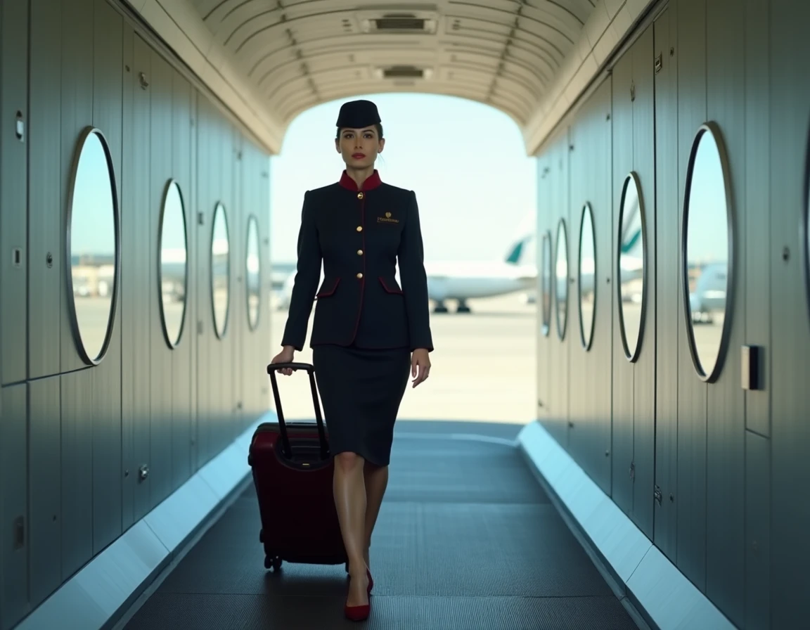 Hôtesse de l'air Emirates traversant une passerelle d'embarquement avec sa valise professionnelle