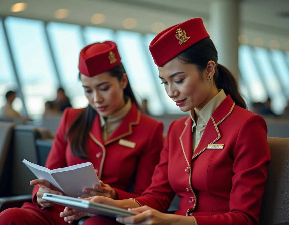 Deux hôtesses de l'air Emirates en salle d'attente d'aéroport consultant des documents de travail